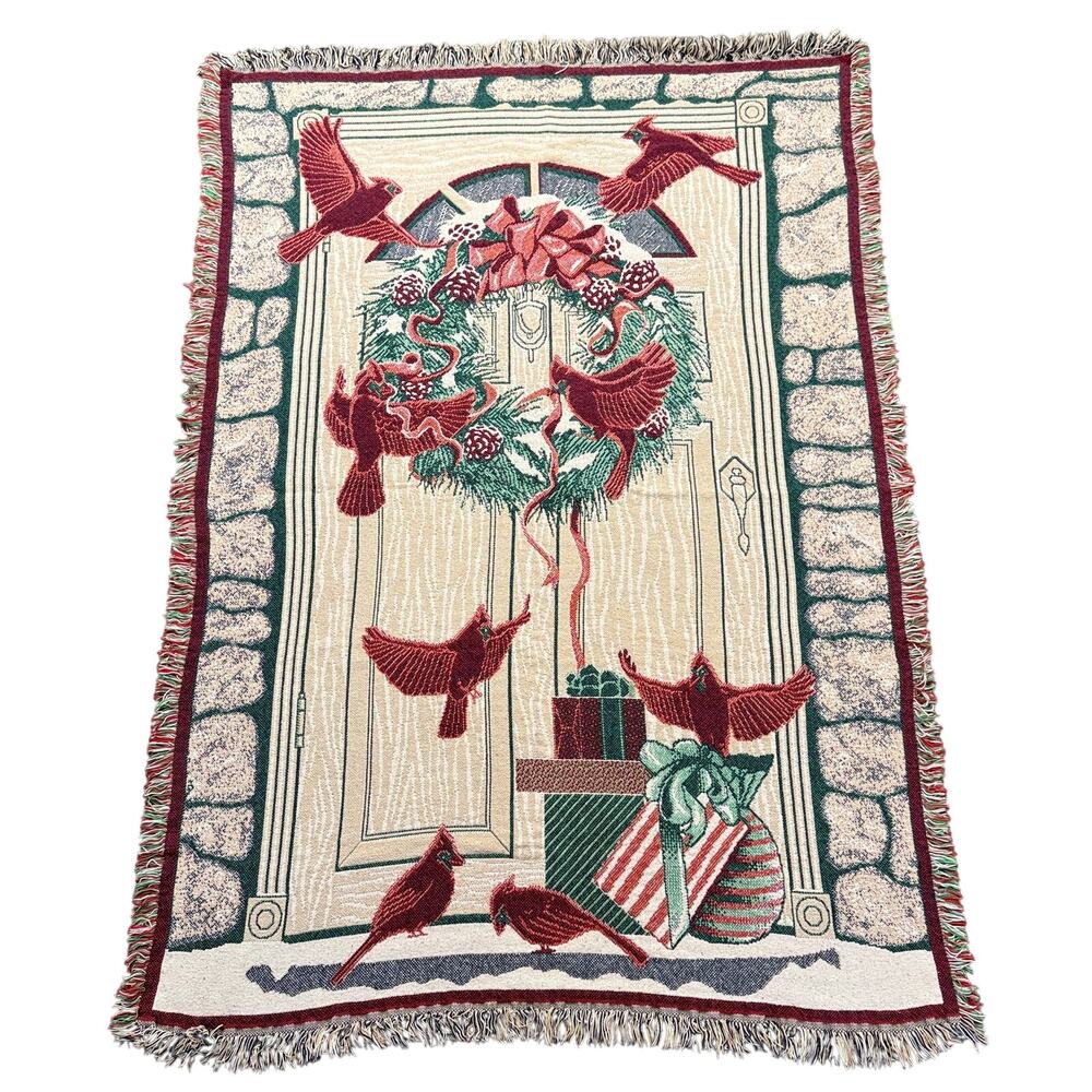 Vintage MWW 1993 Christmas Woven Tapestry Throw Blanket Wreath Cardinals 48 x 66